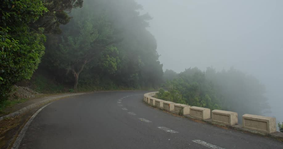 A road near a cliff with mist with trees the sky and clouds in the background