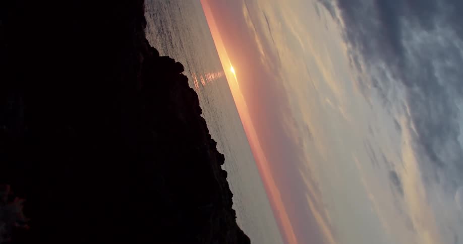 A coast with the ocean a sunset the sky and clouds in the background