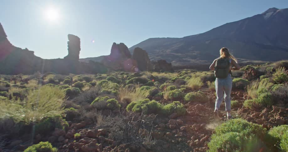 A woman with a backpack walking in a landscape with a mountain range the sky and clouds in the background