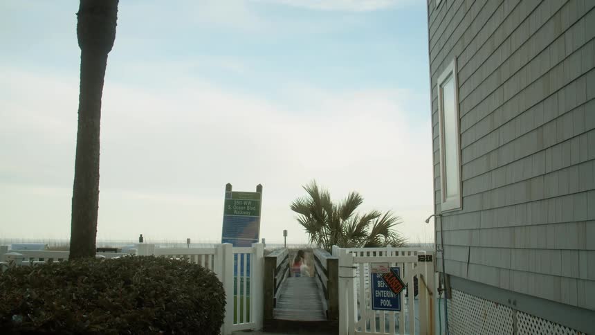 A young woman walks towards the beach with her dog following her