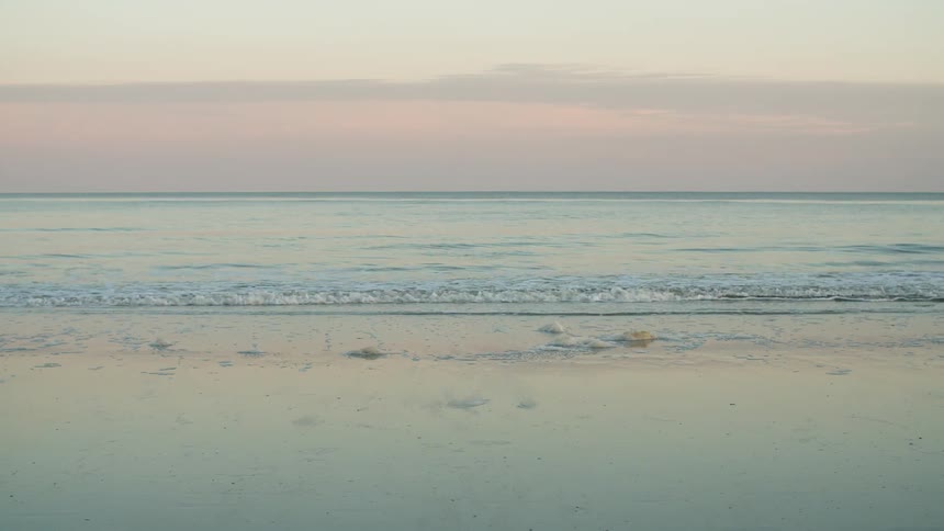 Small waves crashing on the coast of the beach near the ocean at sunset