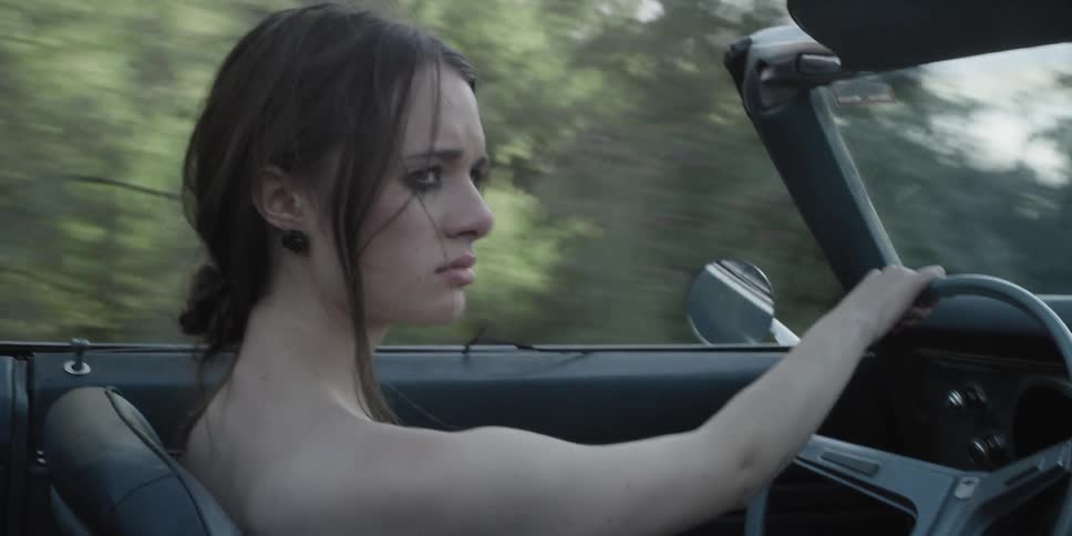 A woman driving a vehicle turning the steering wheel with trees the sky and clouds in the background