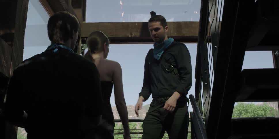 Man walks down as man and woman walk up glass enclosed staircase with mountains in background