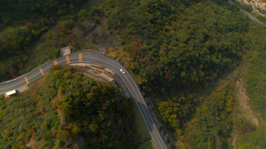 A car drives up a winding road in the forest