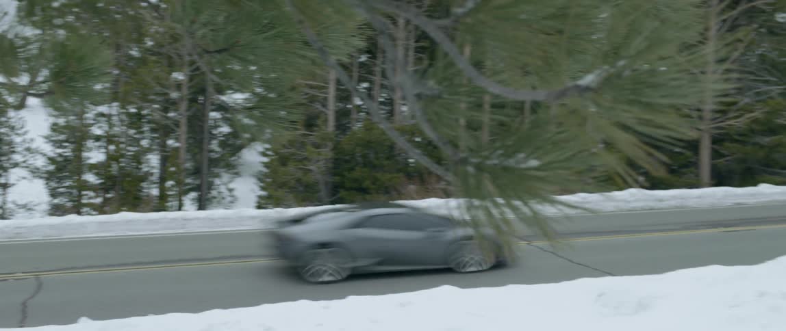 A sports car drives through snowy woods