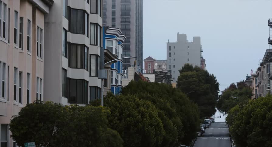 Pedestrian walks across intersection at top of sloping street leading a dog near apartment buildings