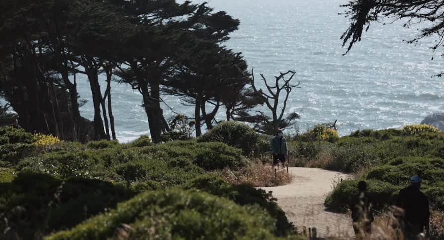Pedestrians walk along a walkway on the coast during the day