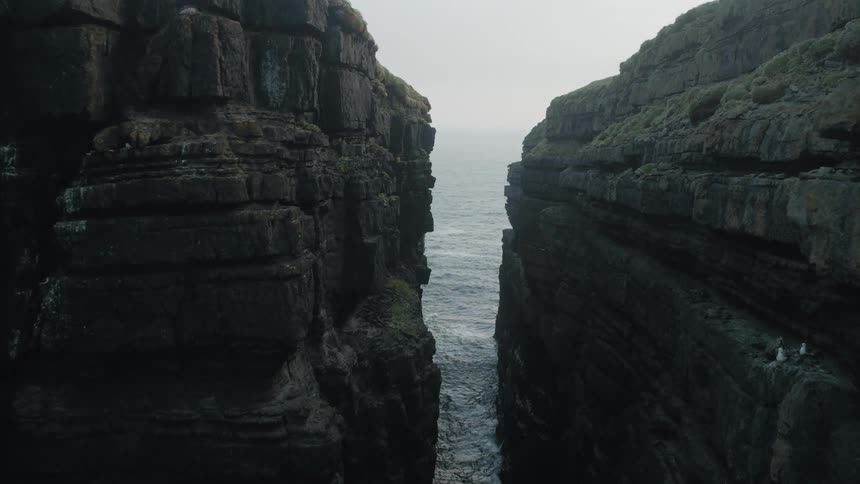 Seagulls fly in between the cliff walls as the ocean waves roll in