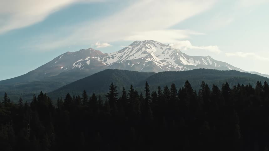 A forest with trees with a mountain range the sky and clouds in the background