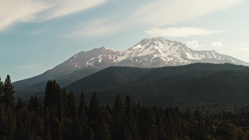 A forest with trees with a mountain range the sky and clouds in the background