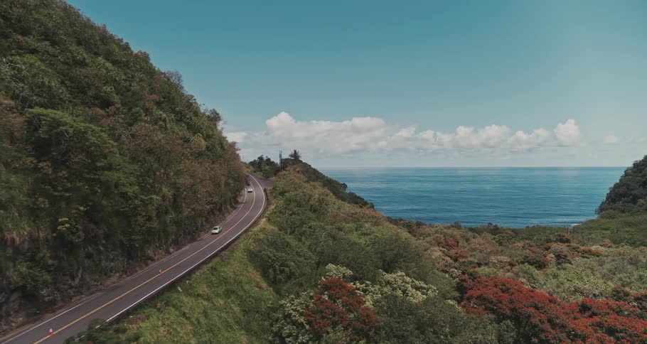 Vehicles flow down road hugging mountain with blue ocean stretching to horizon visible through valley