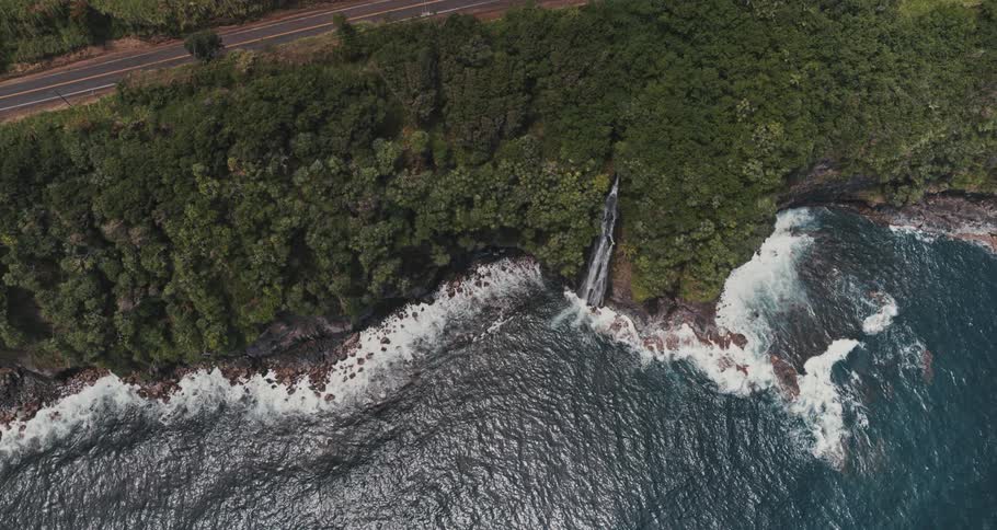 Aerial view of a coastline as waves roll in near a trees and a highway