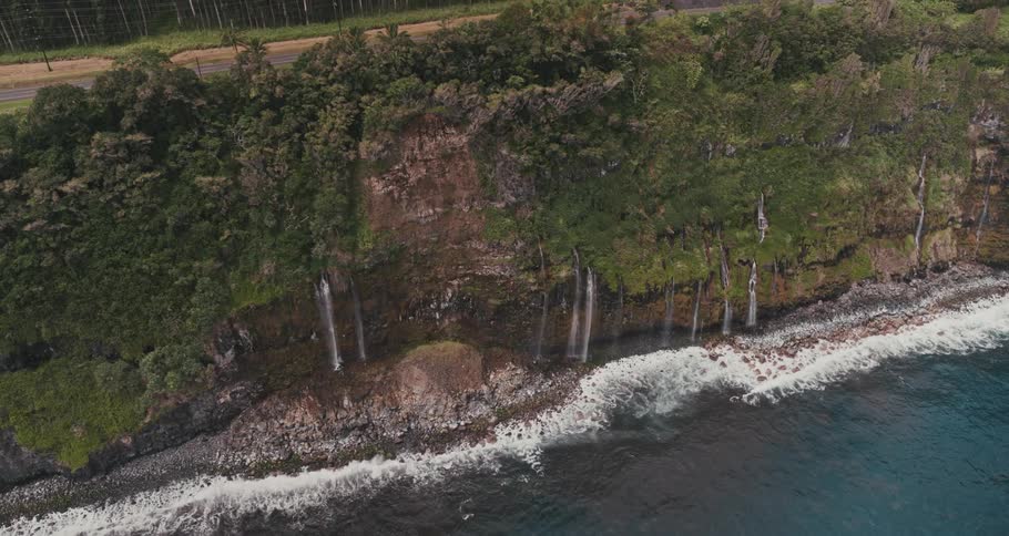 Aerial view of a coastline as waves roll in near a trees and a highway