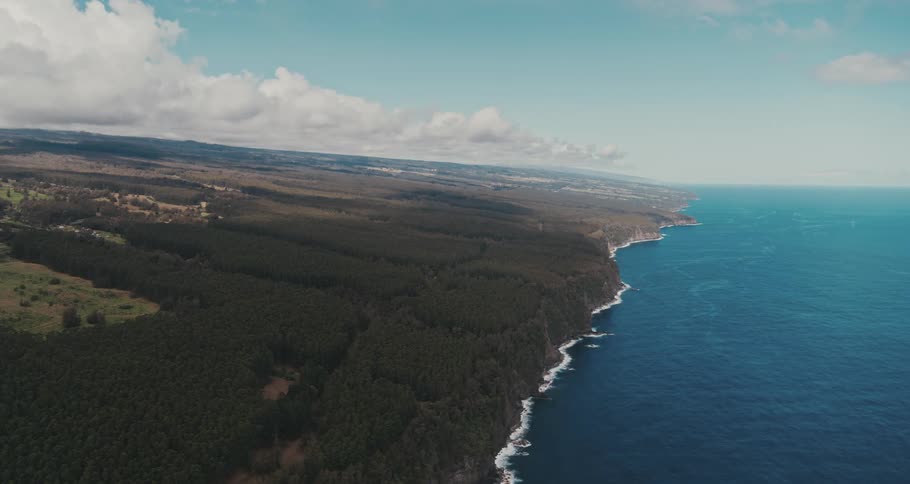 An aerial view of a coastline with forested areas and open fields during the fall season in the daytime