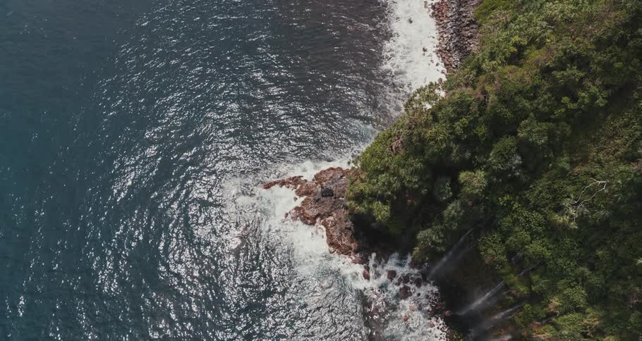 Waves wash onto the shore of a tall cliff