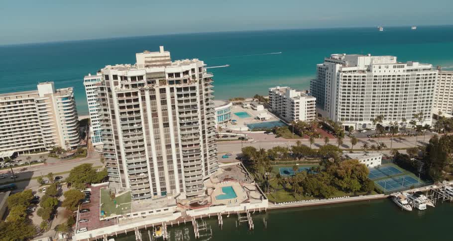 Skyline of tall buildings hotel condo on a strip of land near the ocean