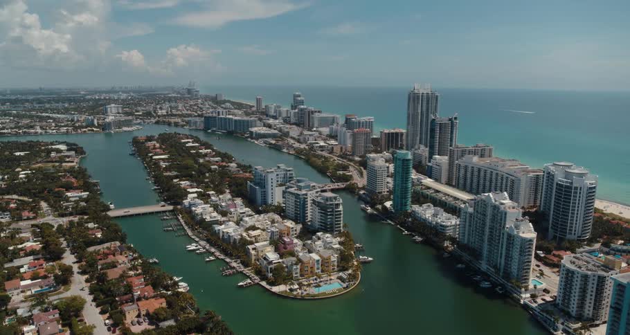 Aerial shot of a coastal city