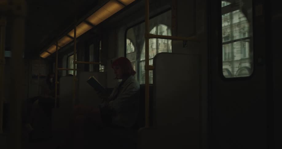 A woman reading a book on a train