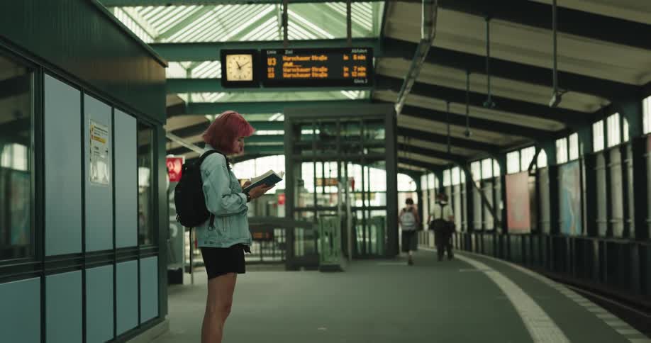 A girl with wine colored hair and wearing a backpack is standing in a train station reading a book
