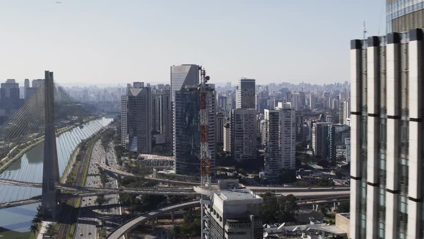 An aerial view of large skyscrapers in major city