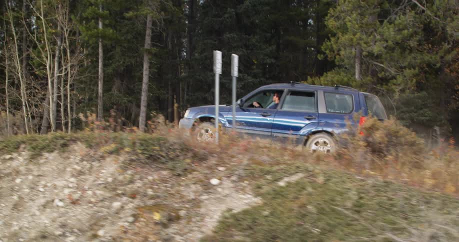 Man driving a blue car on a dirt road near the forest at daytime