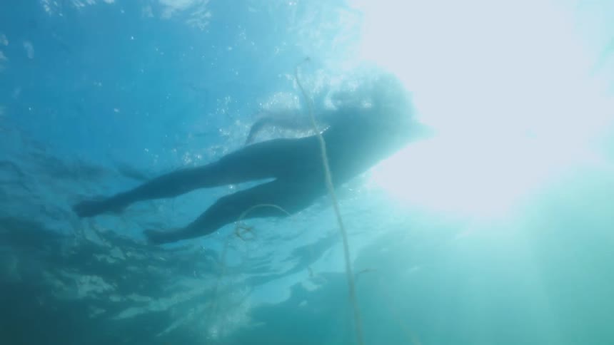Underwater footage of a young woman wearing a swimsuit swimming on the surface