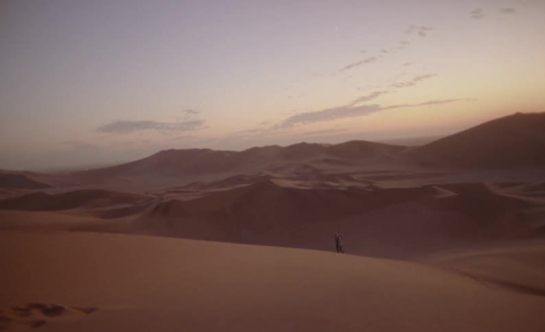 A person is walking across a desert near mountains