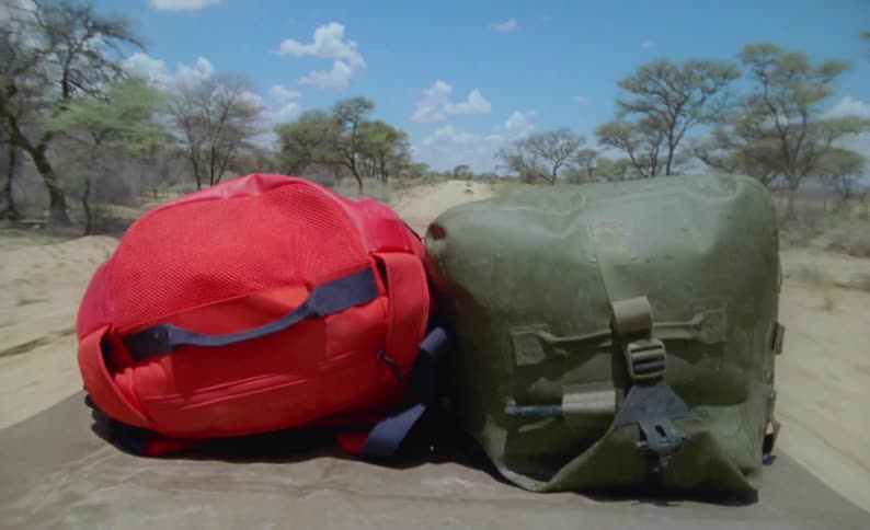 Backpacks are on the roof of a vehicle as it travels on a road passing trees
