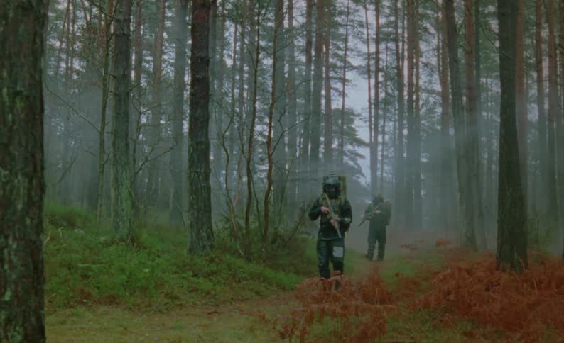 Two soldiers wearing military gear and carrying guns are practicing maneuvers in a foggy forest
