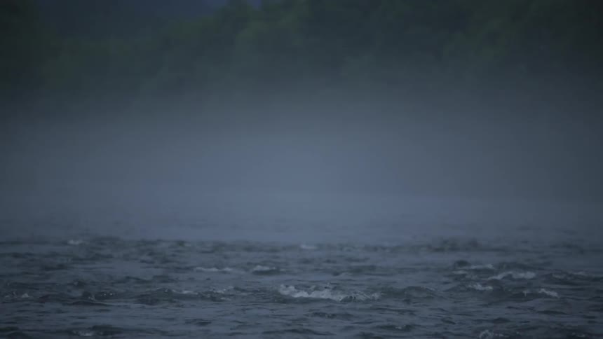 The ocean churns and ripples near a foggy shoreline