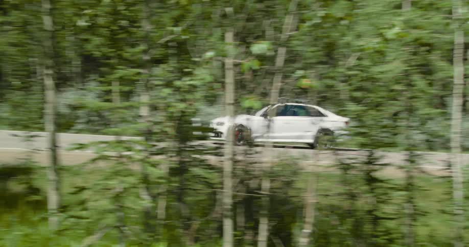 White car driving on a road through the forest at daytime