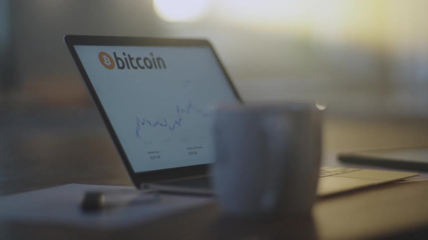Laptop screen shows graph related to bitcoin