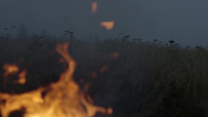 Fire and smoke rise on a grass field