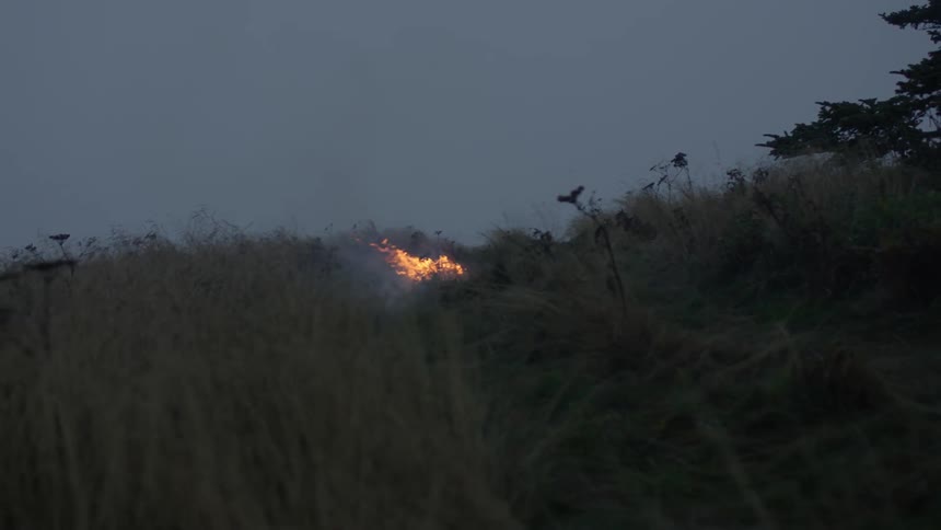 A fire blazes in the grass ahead
