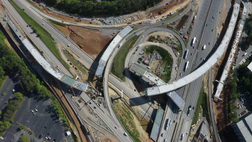 An aerial view of a highway interchange