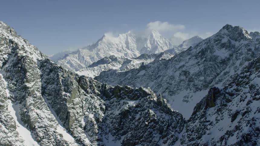 Snow and ice cover the mountains