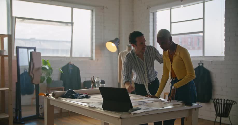 A man stops pinning a pattern on a dress form to talk to another designer at a work table