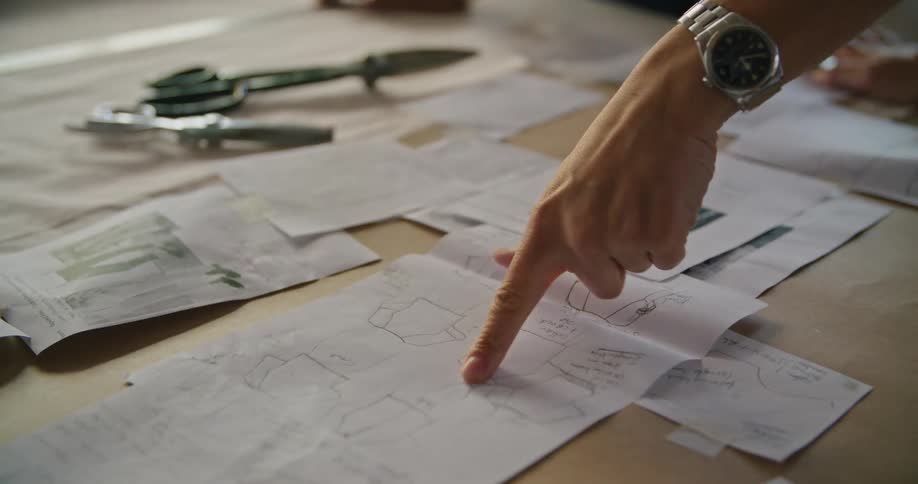 Coworkers point at blueprints while talking over a large table covered in papers