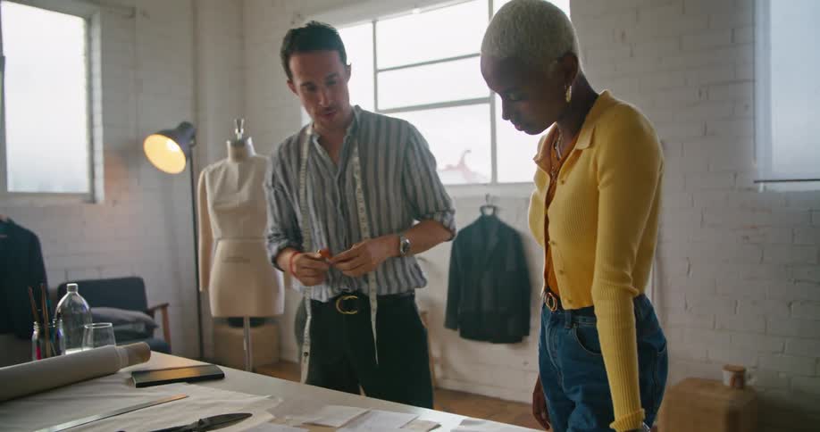 A black woman wearing a yellow sweater is talking to a man with a tape measure around his neck and looking at papers on a table