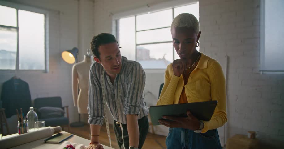 Man and woman standing in fashion design studio consult tablet during discussion
