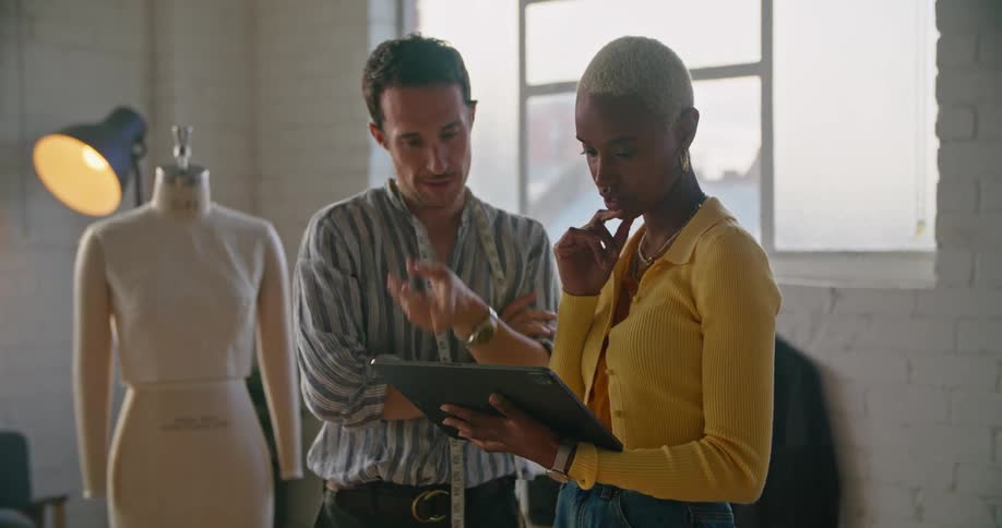 A man and a woman in a room with a mannequin looking at a tablet with a wall and window in the background