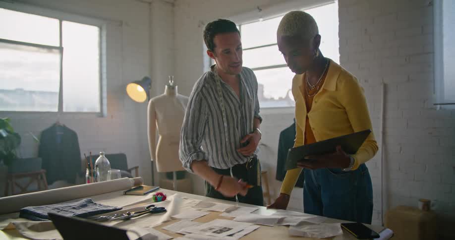 Two coworkers working on a design together