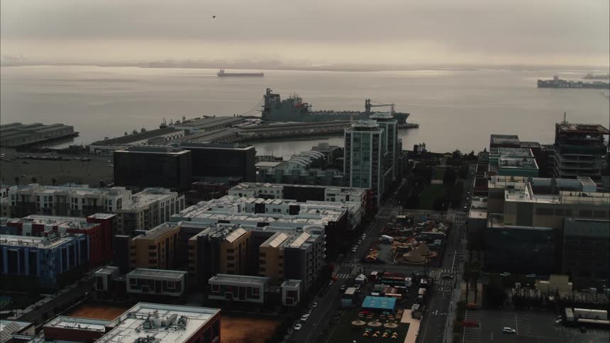 Aerial view of city port at dawn