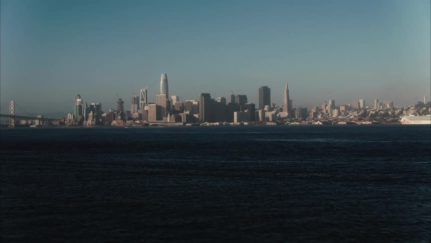 Aerial view of the san francisco skyline in front of the ocean
