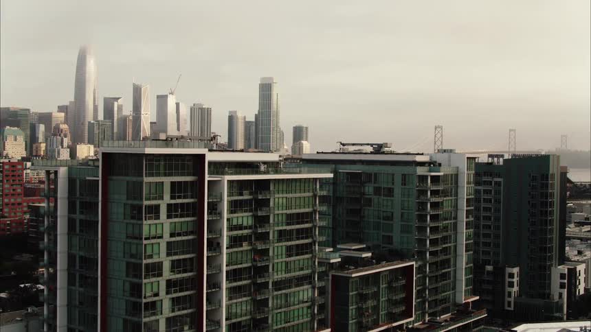 Aerial view of the skyscrapers on the city skyline near the san francisco bay brige