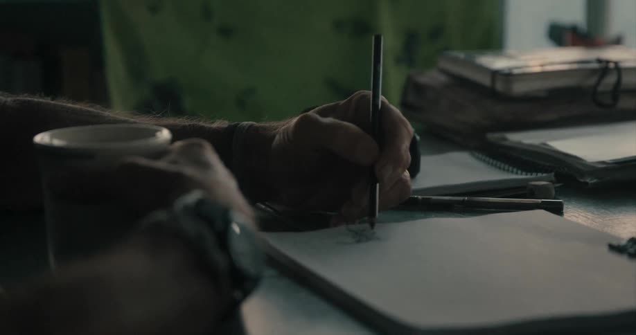 A person sketching in a room with a pencil