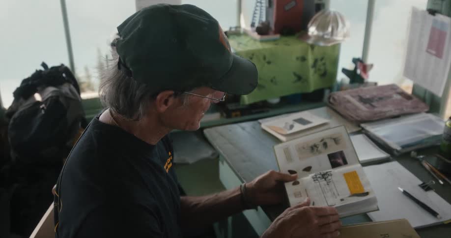 A man sits in a forest watchtower passing the time by reading a book during the day