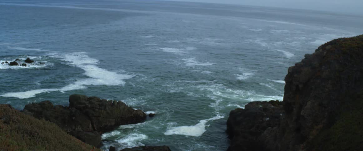 An aerial view of waves rolling off the shore
