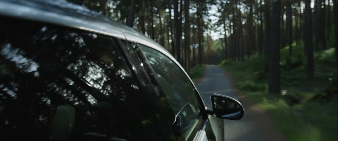 A car travels on a narrow bumpy road through the woods