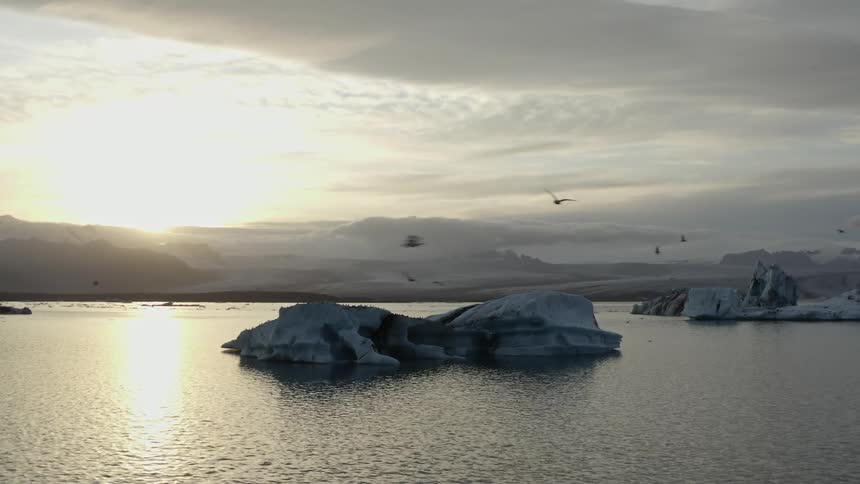 A flock of birds flies over shimmering water and icy islands at sunrise
